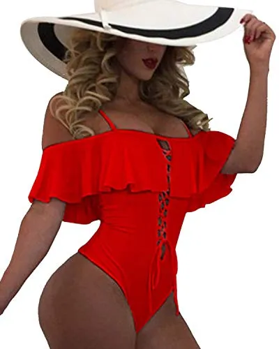 Lace-Up Ruffled Women Sexy One Piece Swimwear-Red