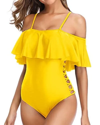 Ladies Hollow Out Adjustable Shoulder Spaghetti Straps Swimsuits-Neon Yellow