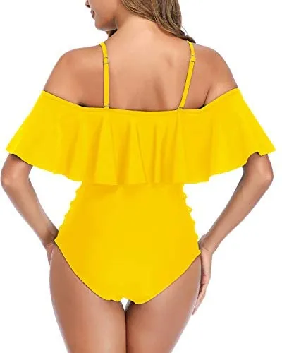 Ladies Hollow Out Adjustable Shoulder Spaghetti Straps Swimsuits-Neon Yellow