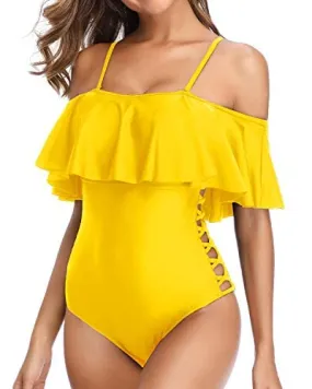Ladies Hollow Out Adjustable Shoulder Spaghetti Straps Swimsuits-Neon Yellow
