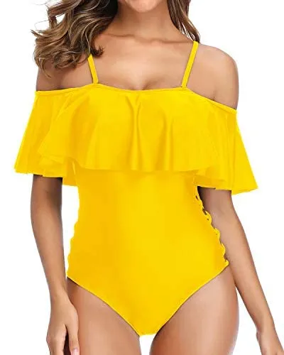 Ladies Hollow Out Adjustable Shoulder Spaghetti Straps Swimsuits-Neon Yellow