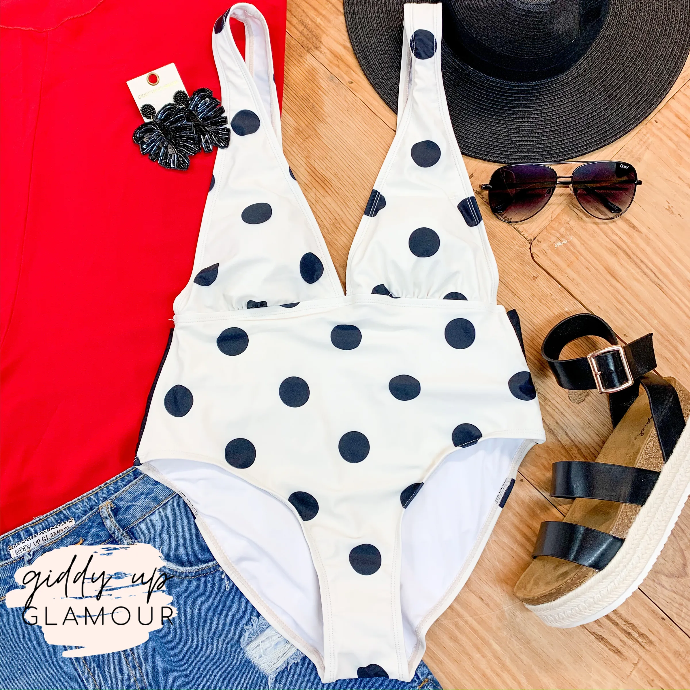 Last Chance Size Small & Medium | Getting Hotter Deep V Neck Polka Dot One Piece Swimsuit with Tie in Ivory