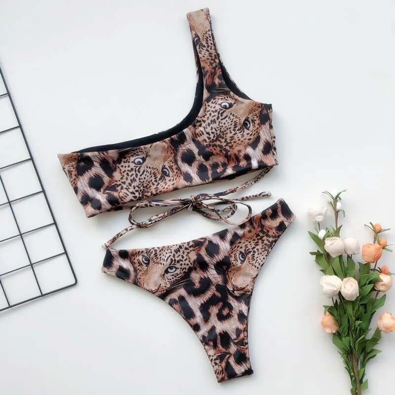 Leopard One Shoulder Bandeau Thong Bottom Bikinis