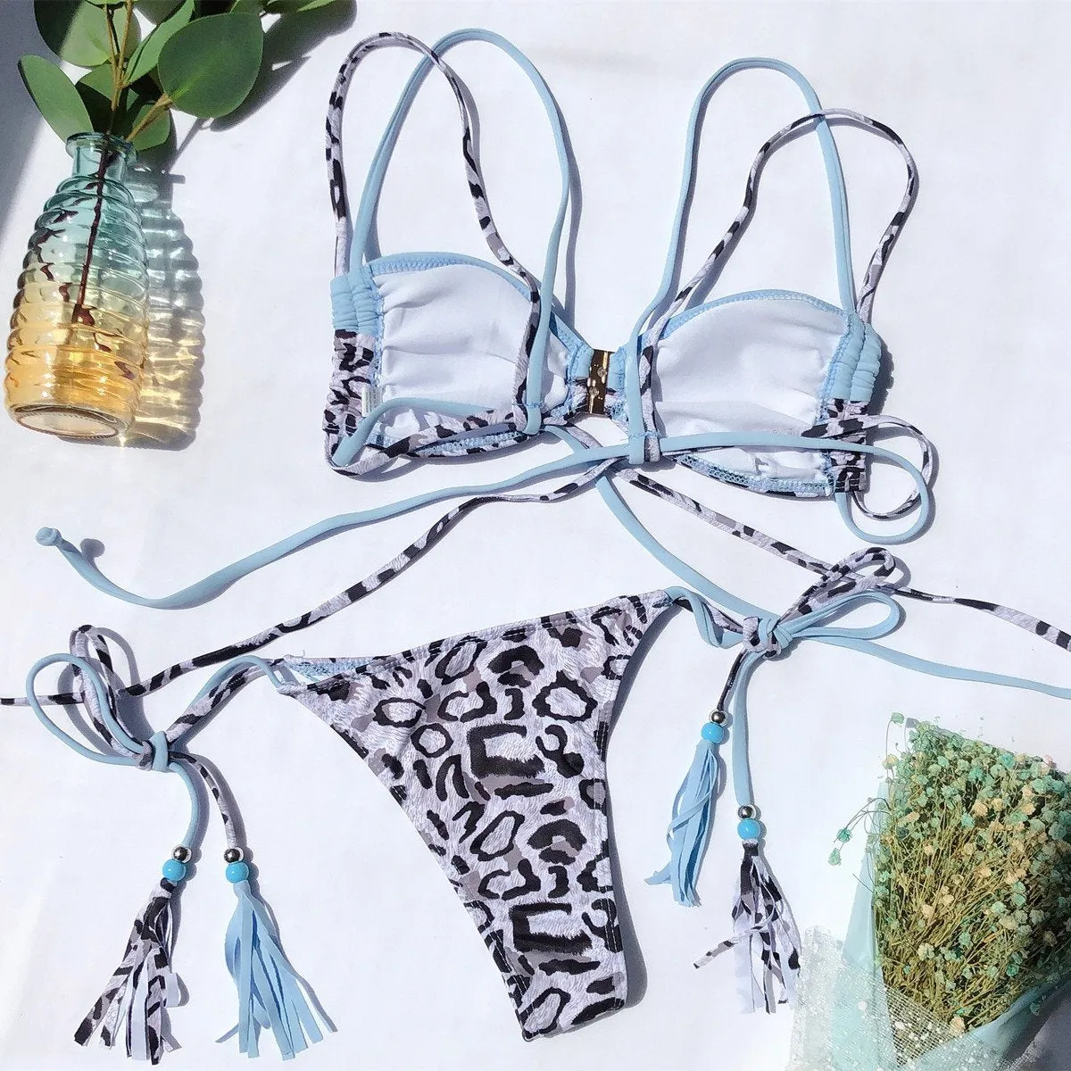 Leopard Strappy Colorblcok Mid Rise Thong Bottom Bikinis