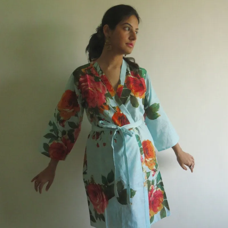 Light Blue Big Floral Knee Length, Kimono Crossover Belted Robe
