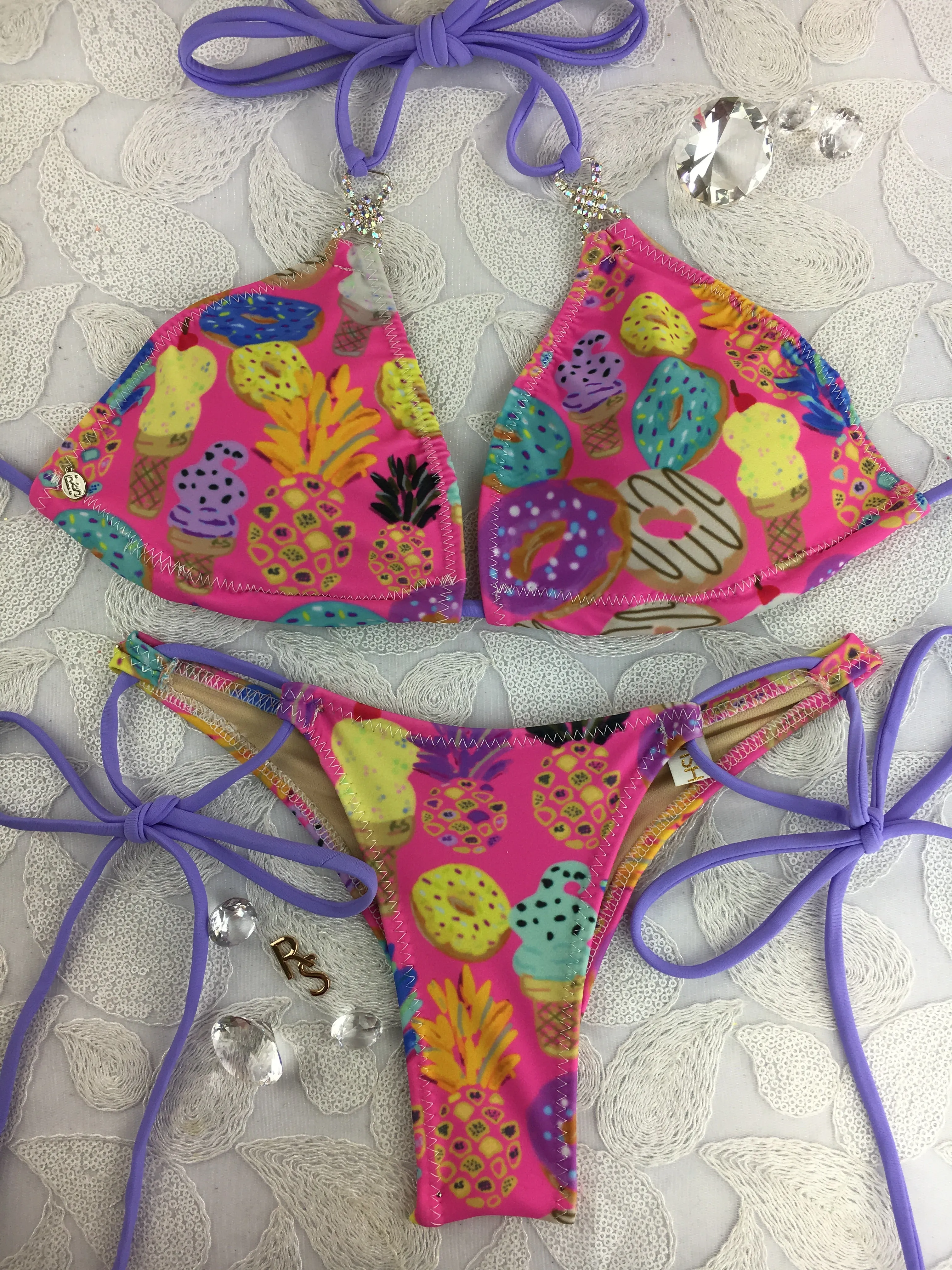 Limited Time $89.99 Custom Ravish IceCream Donut Pineapple Dream  bikini tie string w/Embellishment (Hope Beel) Posing***(SUIT SOLD PER PIECE OR SET, price varies)