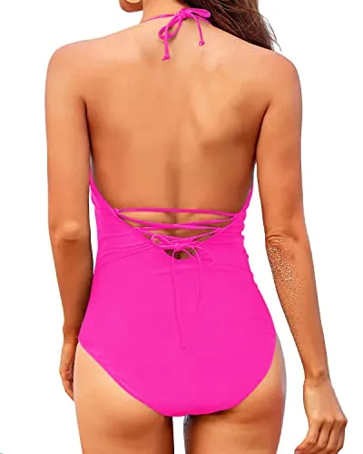 Long Torso Women's Sexy Halter One Piece Swimming Suit-Neon Pink