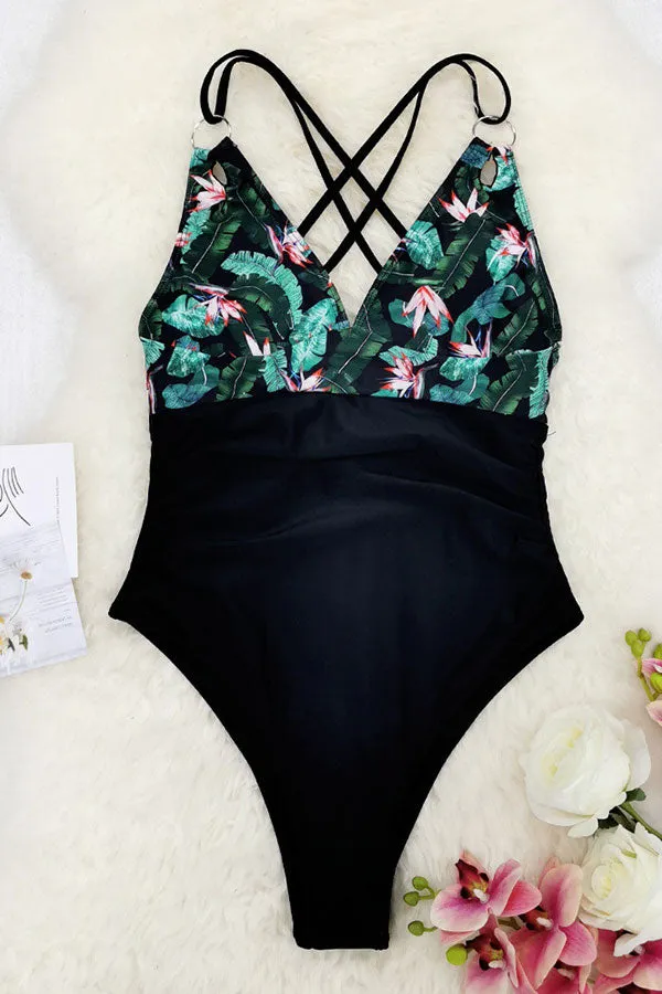 Lotus Print Deep V Neck Stunning One Piece Swimwear
