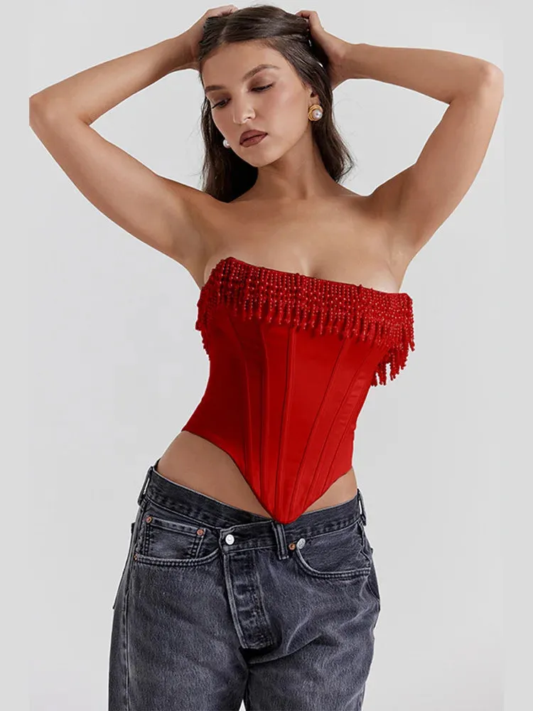 LVSANW Elegant Backless Tassels Dress For Women Fashion Sleeveless Strapless Slim Fit Dresses 2024 Female Holiday Evening Party Robes