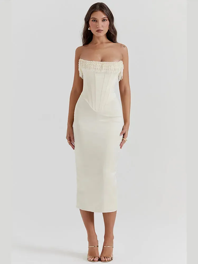 LVSANW Elegant Backless Tassels Dress For Women Fashion Sleeveless Strapless Slim Fit Dresses 2024 Female Holiday Evening Party Robes
