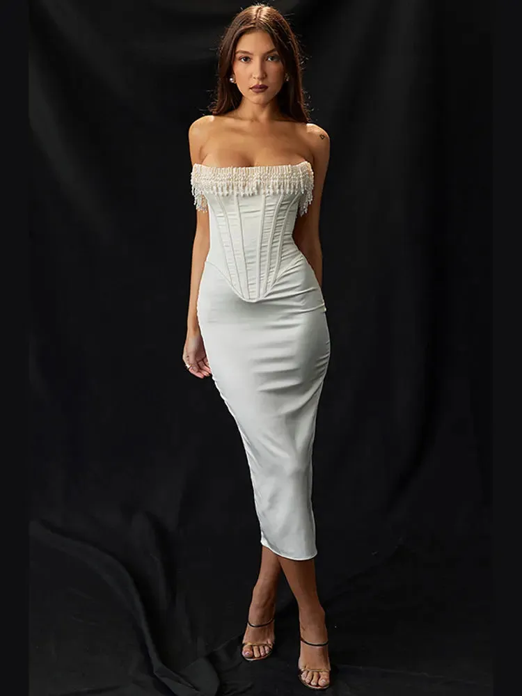 LVSANW Elegant Backless Tassels Dress For Women Fashion Sleeveless Strapless Slim Fit Dresses 2024 Female Holiday Evening Party Robes