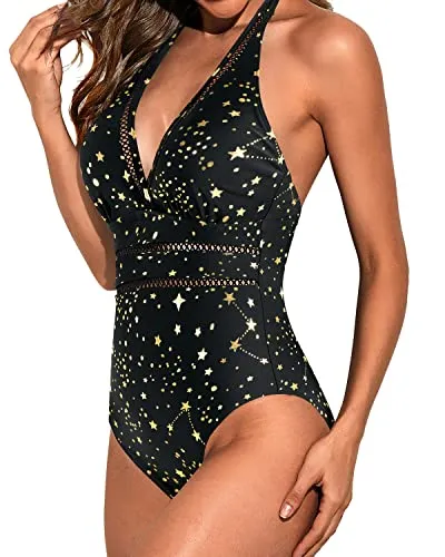 Mesh Hollow Out Backless Women One Piece Monokini Swimsuit-Gold Stars