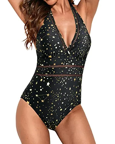 Mesh Hollow Out Backless Women One Piece Monokini Swimsuit-Gold Stars