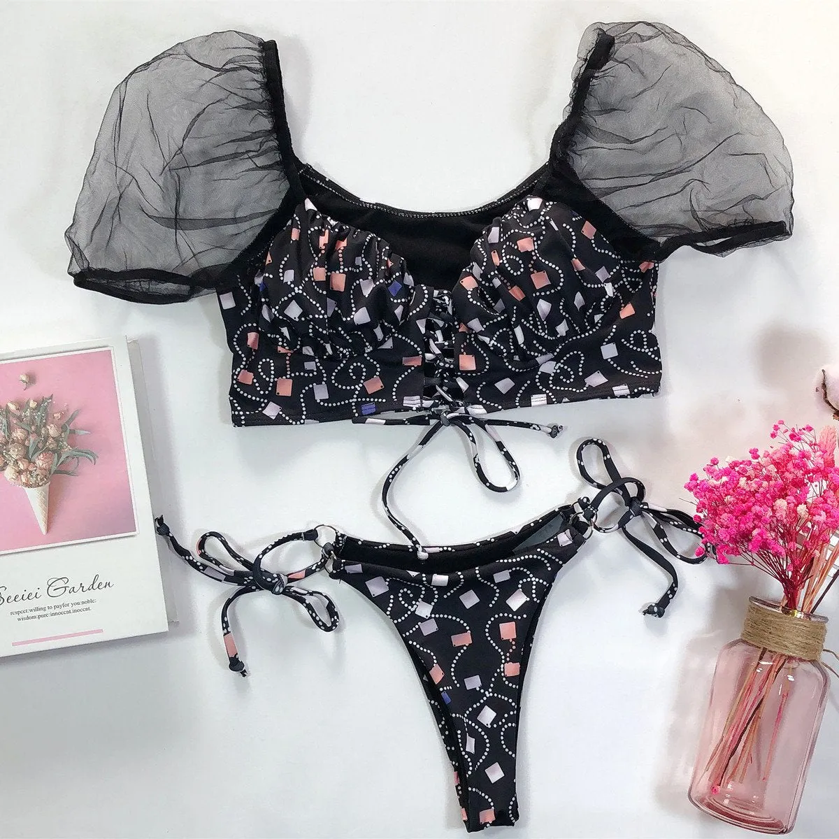 Mesh Puff Sleeve Strappy Print Thong Bottom Bikinis