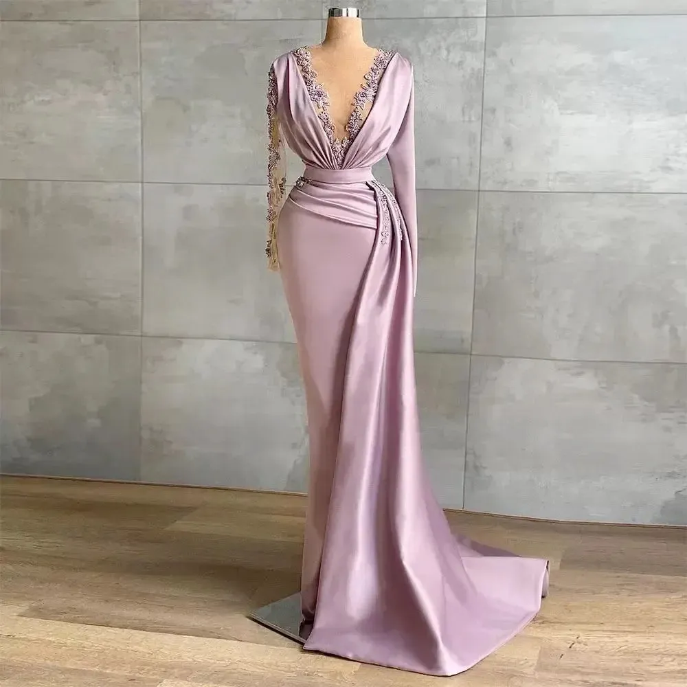 MQTIME  -  Elegant Mermaid Women Evening Dresses Satin Appliques Prom Party Gowns Court Train Vestido De Noche robes de soirée