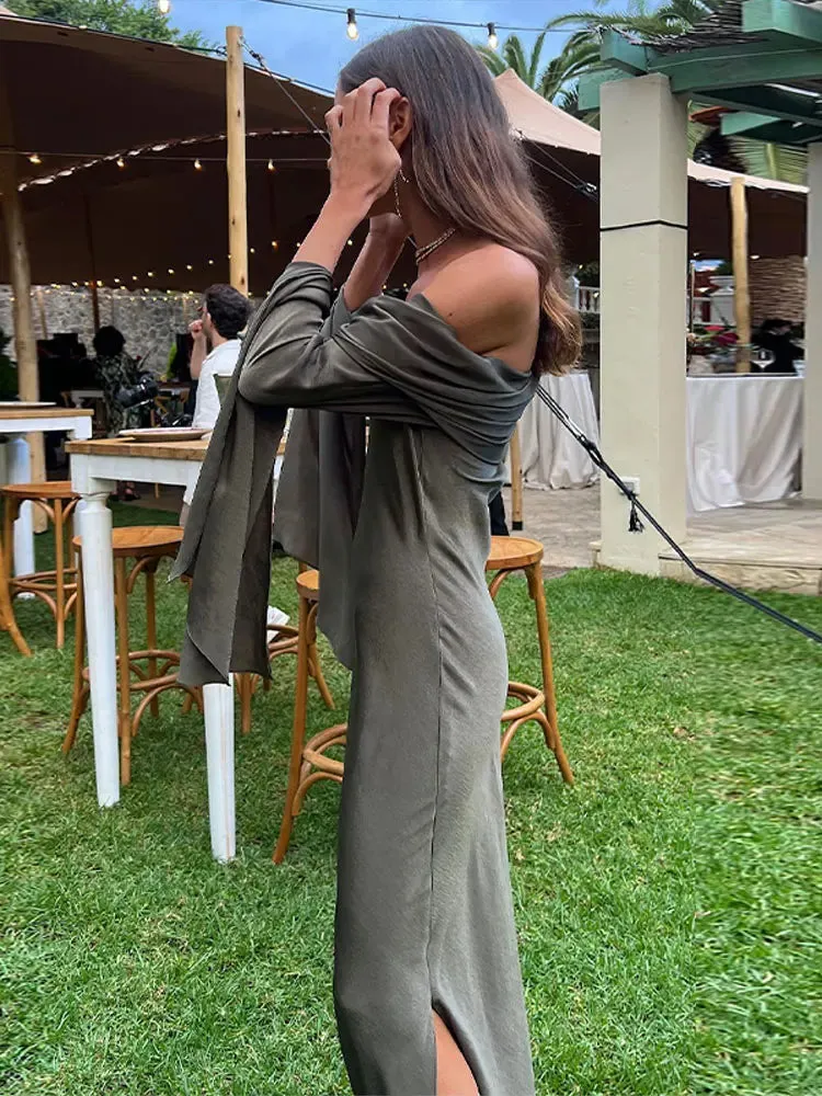 MQTIME -  Fashion Sexy Solid Off Shoulder Midi Dress For Women Elegant Chic Slash Neck Long Sleeve Dresses Female Evening Party Club Robes