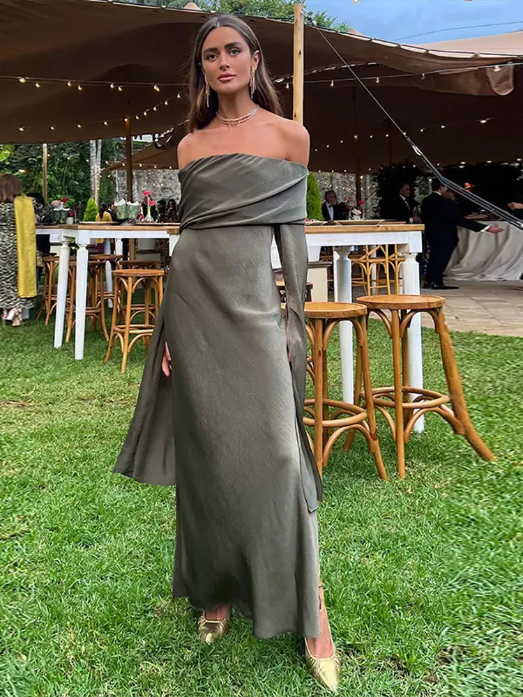MQTIME -  Fashion Sexy Solid Off Shoulder Midi Dress For Women Elegant Chic Slash Neck Long Sleeve Dresses Female Evening Party Club Robes