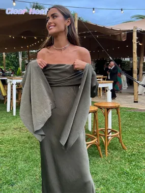MQTIME -  Fashion Sexy Solid Off Shoulder Midi Dress For Women Elegant Chic Slash Neck Long Sleeve Dresses Female Evening Party Club Robes