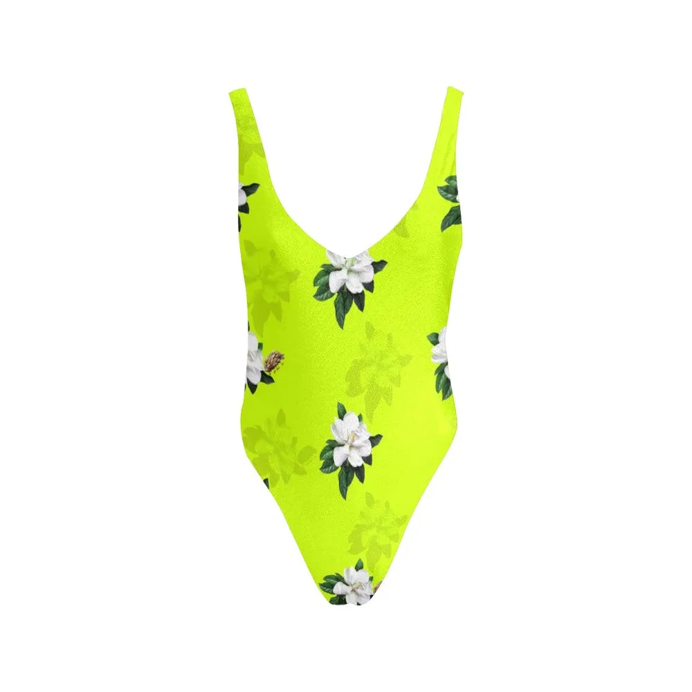 neon magnolia print Sexy Low Back One-Piece Swimsuit (Model S09)