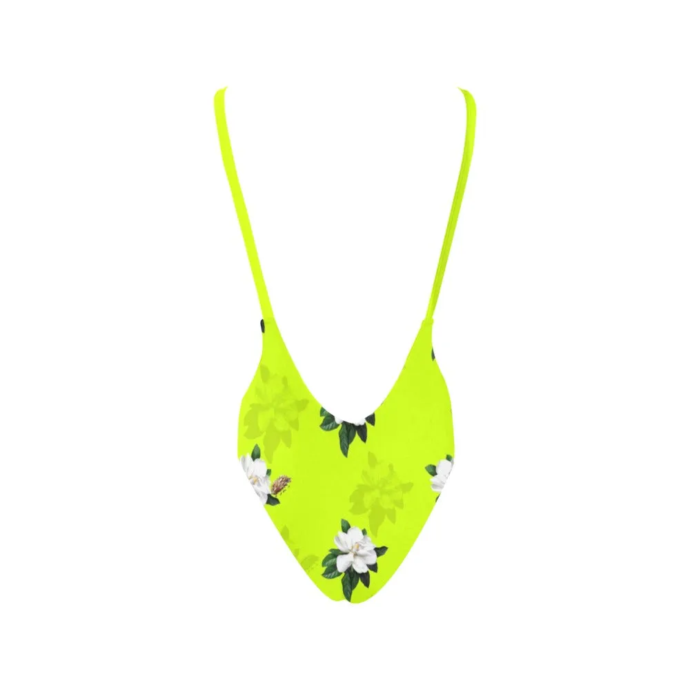 neon magnolia print Sexy Low Back One-Piece Swimsuit (Model S09)