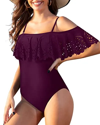 Off Shoulder Flounce One Piece Swimsuits For Teen Girls-Maroon