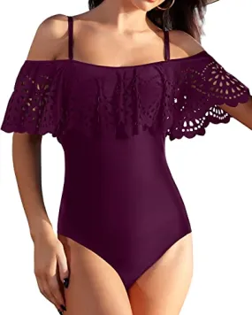 Off Shoulder Flounce One Piece Swimsuits For Teen Girls-Maroon