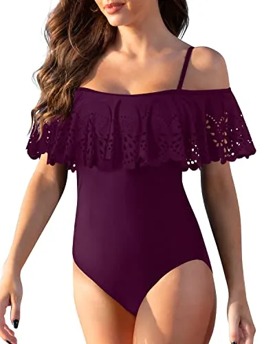 Off Shoulder Flounce One Piece Swimsuits For Teen Girls-Maroon