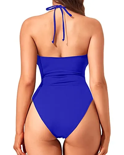 One Piece Sexy Cut Out Bathing Suit Plunge Criss Cross Monokini Halter Swimwear-Royal Blue