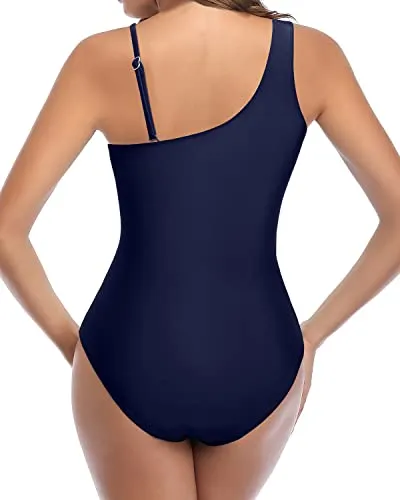 One Shoulder Asymmetrical Full Coverage One Piece Swimsuit For Curvy Women-Navy Blue
