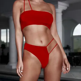 One Shoulder Cutout Mid Rise Thong Bottom Bikinis