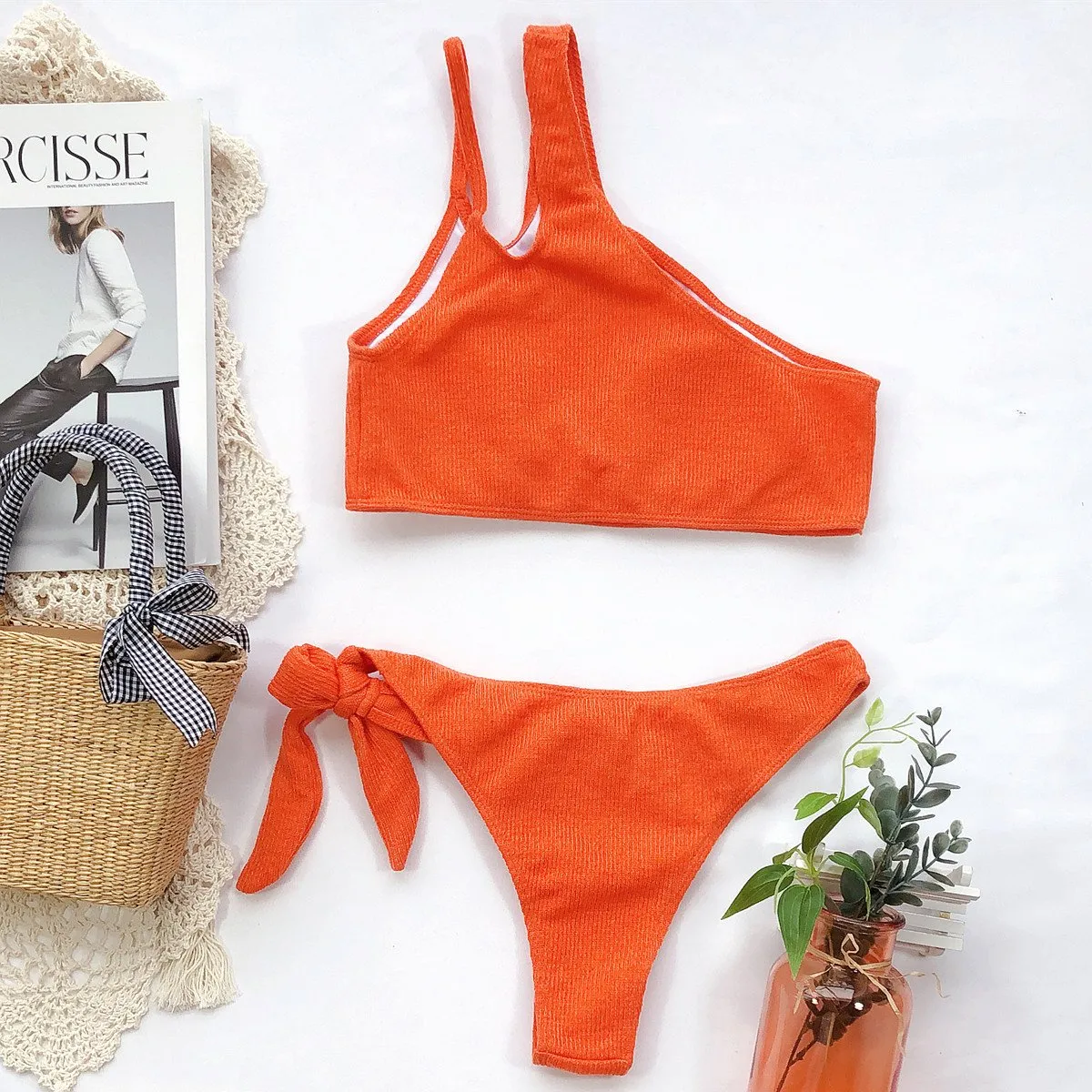 Orange One Shoulder Mid Rise Thong Bottom Bikinis