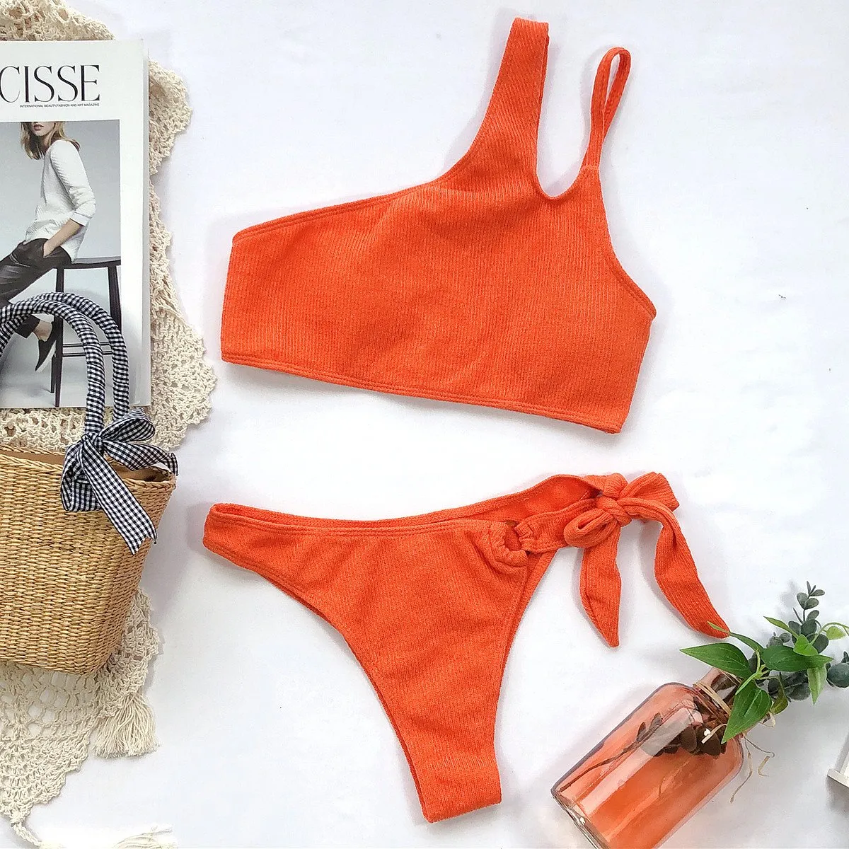 Orange One Shoulder Mid Rise Thong Bottom Bikinis