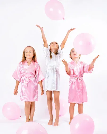 Pink Kids Satin Robes for Junior Bridesmaids and Flower Girls - Script Glitter Arrow and Heart