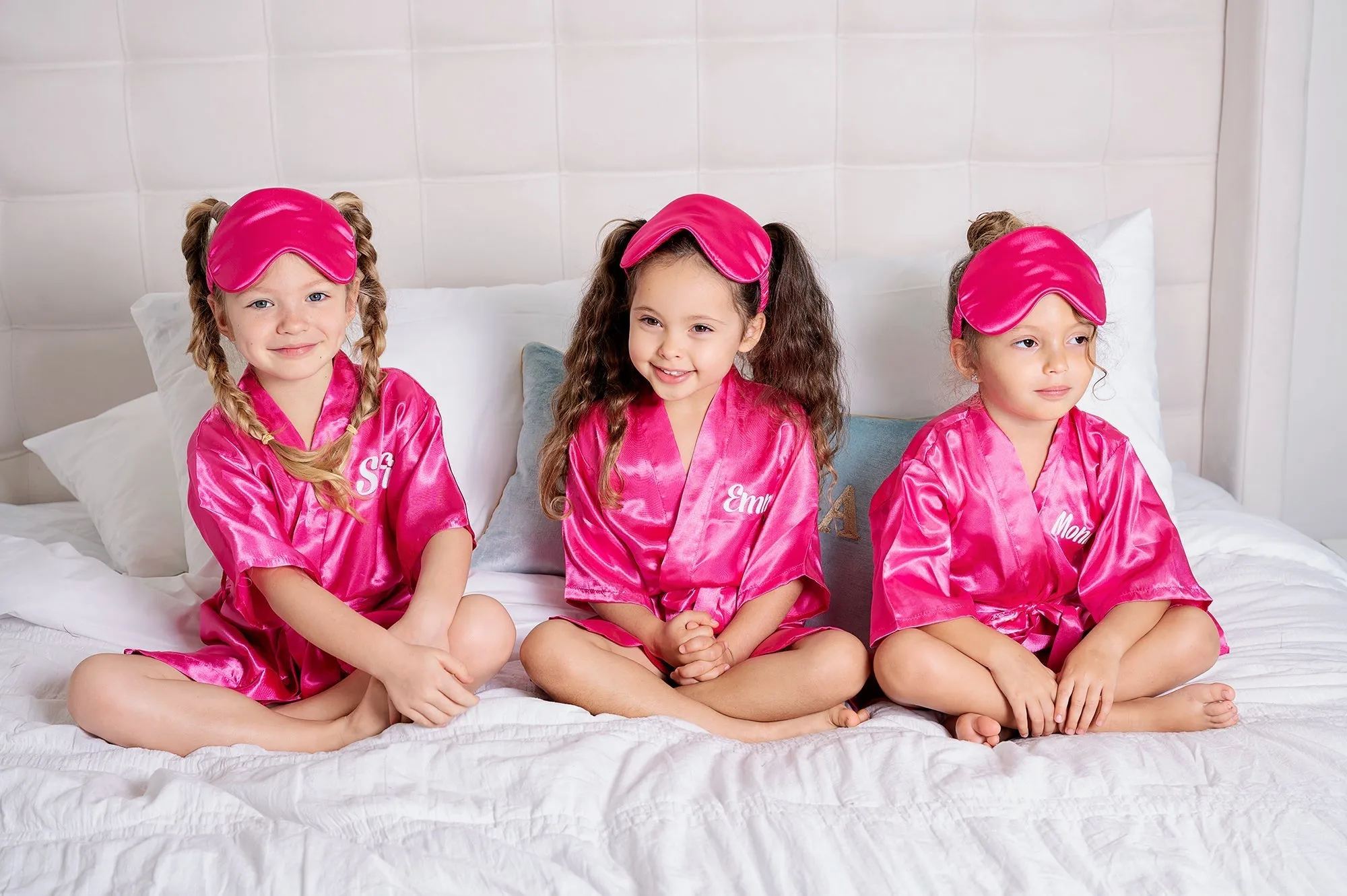 Pink Kids Satin Robes for Junior Bridesmaids and Flower Girls - Script Glitter Arrow and Heart