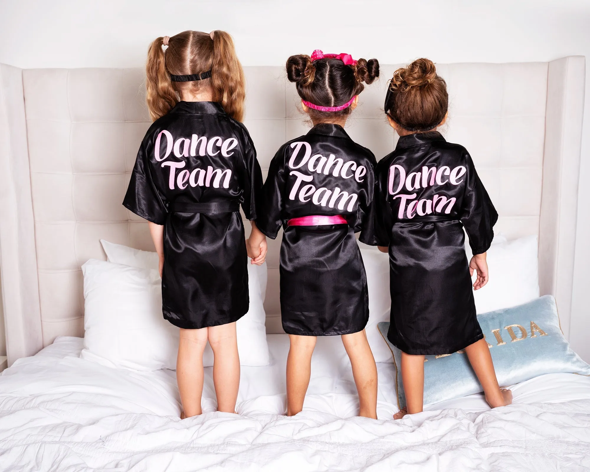 Pink Kids Satin Robes for Junior Bridesmaids and Flower Girls - Script Glitter Arrow and Heart