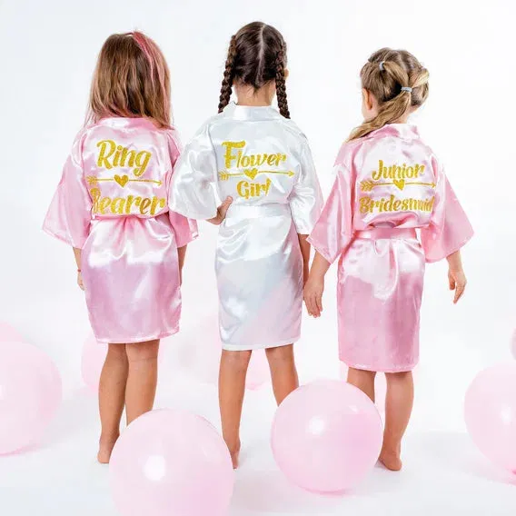Pink Kids Satin Robes for Junior Bridesmaids and Flower Girls - Script Glitter Arrow and Heart