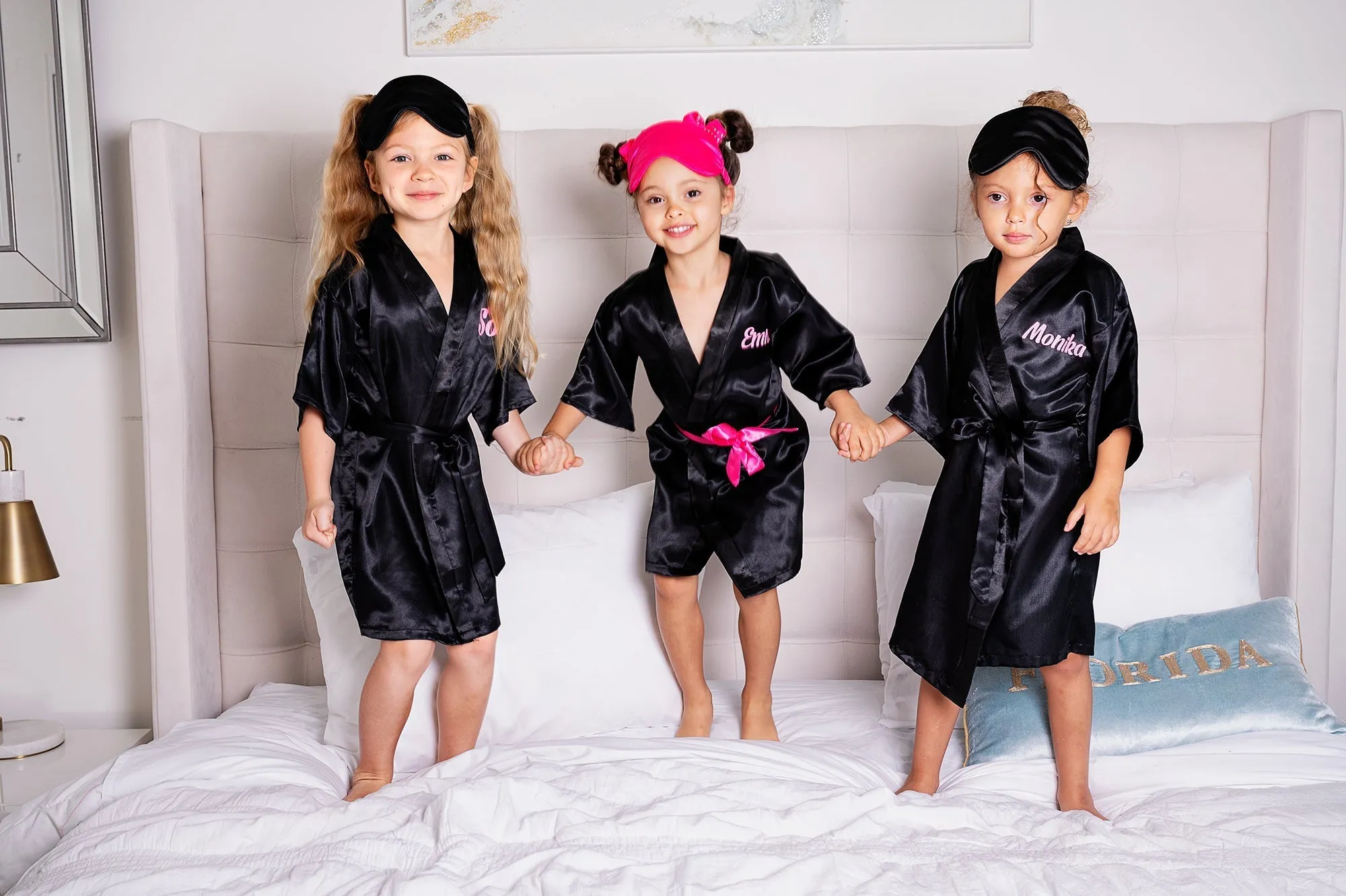 Pink Kids Satin Robes for Junior Bridesmaids and Flower Girls - Script Glitter Arrow and Heart
