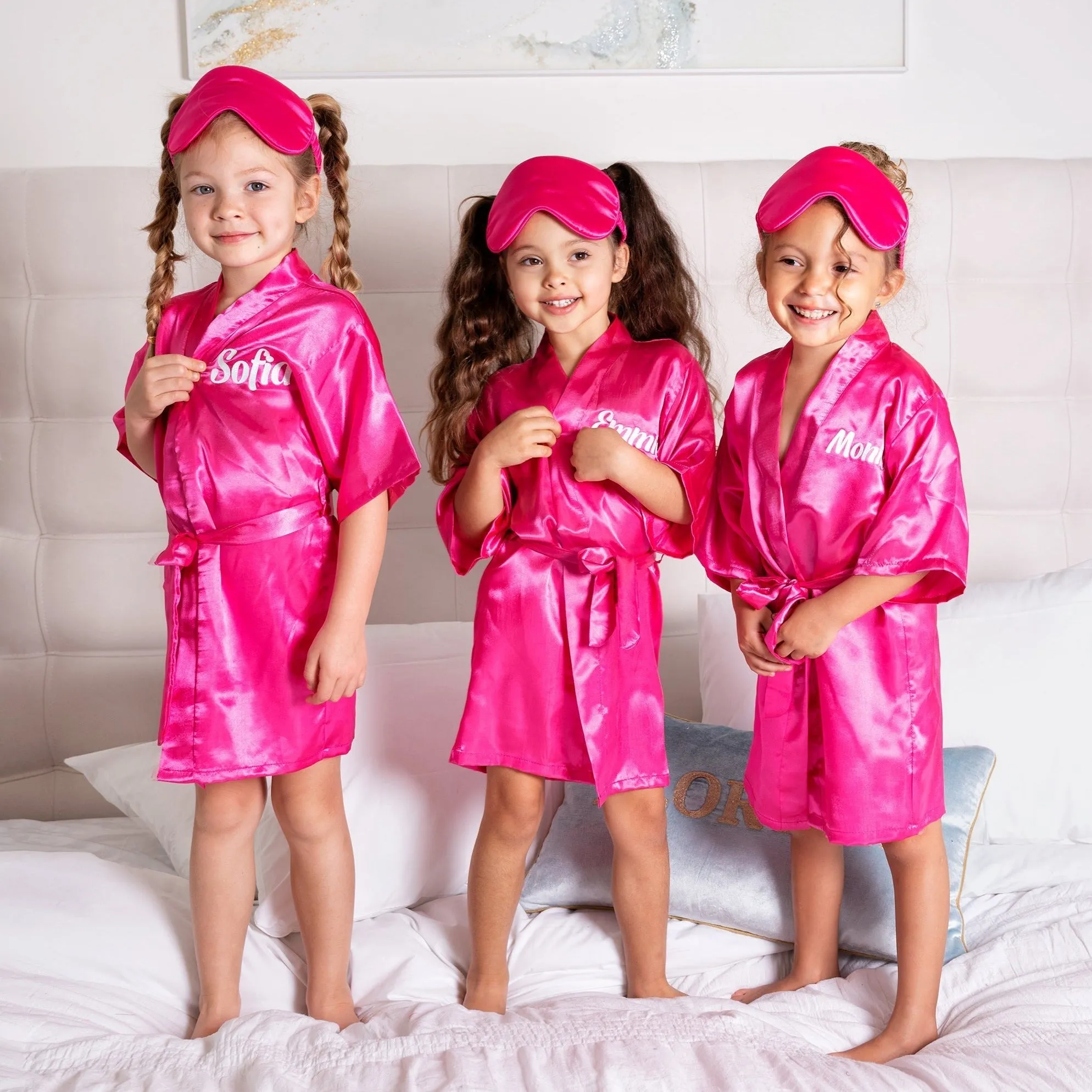 Pink Kids Satin Robes for Junior Bridesmaids and Flower Girls - Script Glitter Arrow and Heart