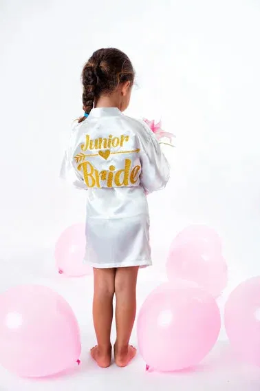 Pink Kids Satin Robes for Junior Bridesmaids and Flower Girls - Script Glitter Arrow and Heart