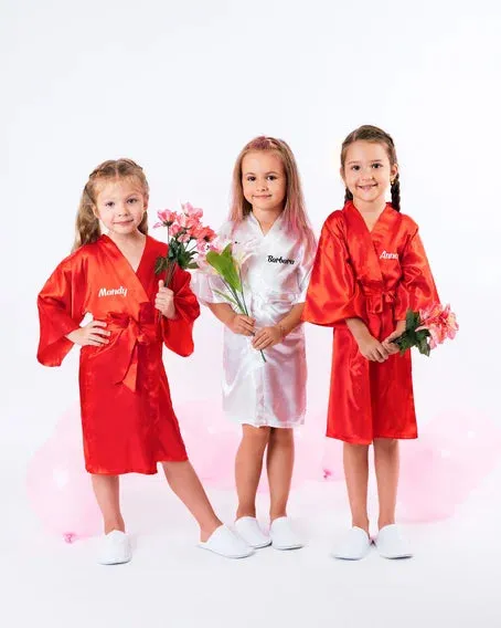 Pink Kids Satin Robes for Junior Bridesmaids and Flower Girls - Script Glitter Arrow and Heart