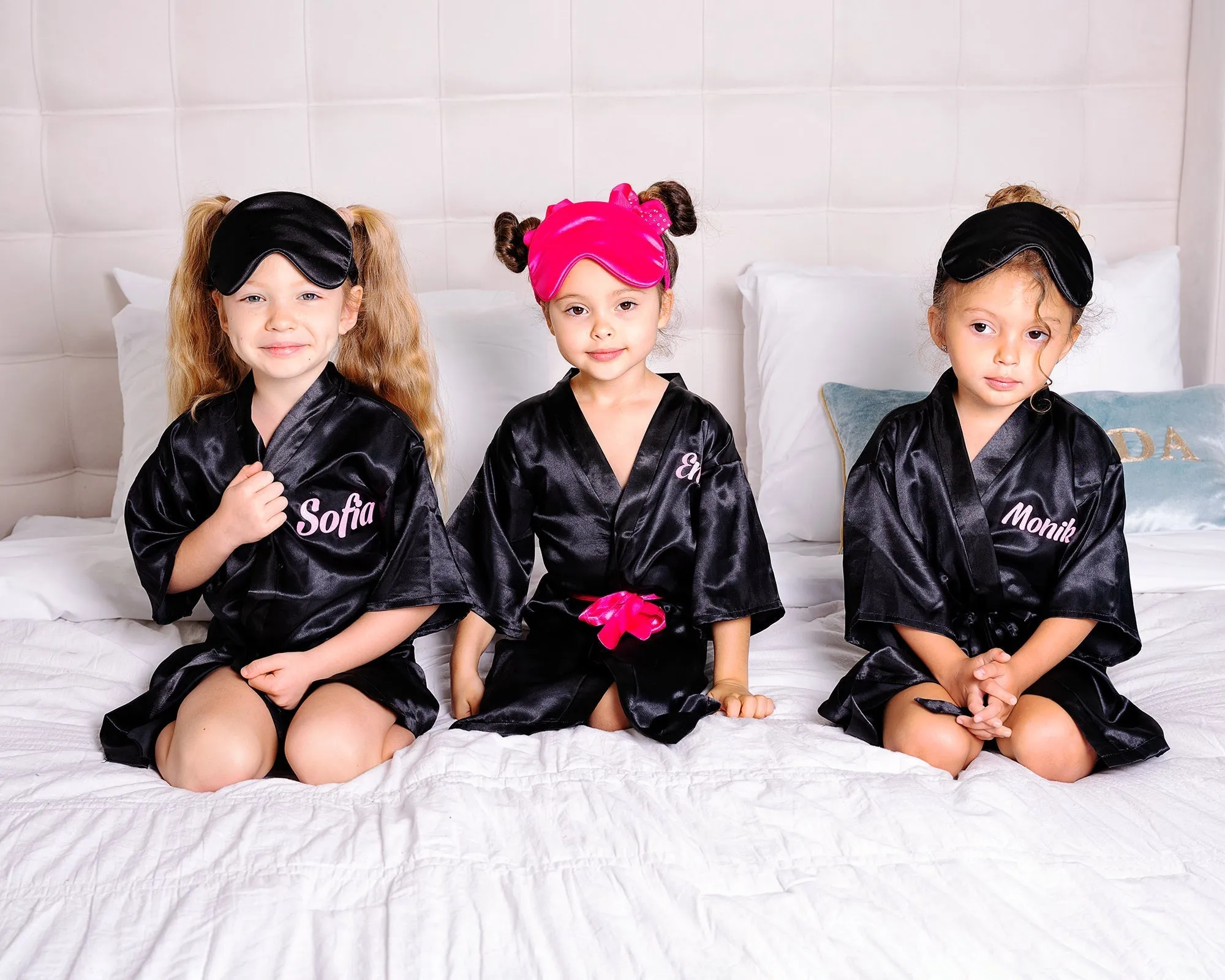 Pink Kids Satin Robes for Junior Bridesmaids and Flower Girls - Script Glitter Arrow and Heart