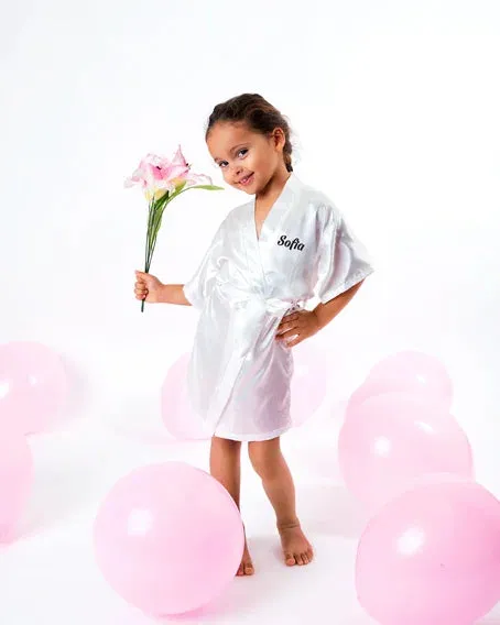 Pink Kids Satin Robes for Junior Bridesmaids and Flower Girls - Script Glitter Arrow and Heart
