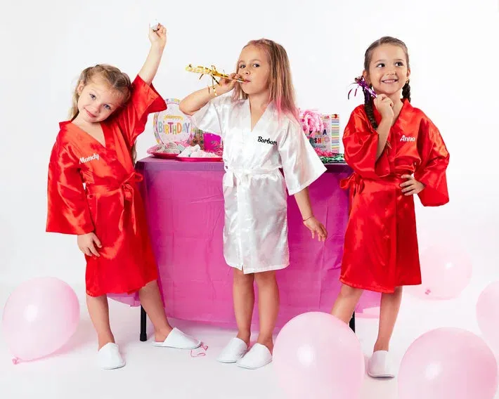 Pink Kids Satin Robes for Junior Bridesmaids and Flower Girls - Script Glitter Arrow and Heart