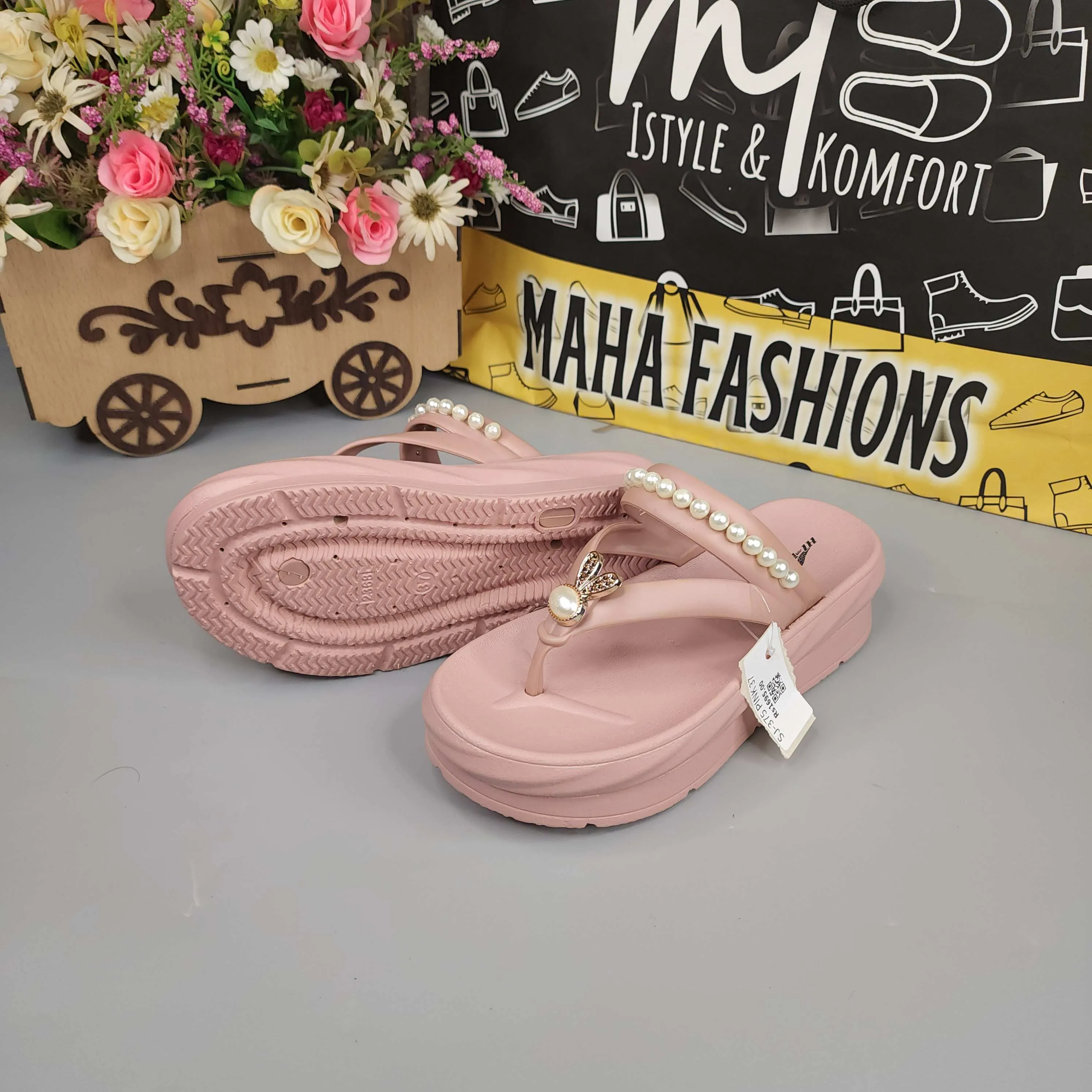 Pink Wegde Slides with Buckle & Pearl
