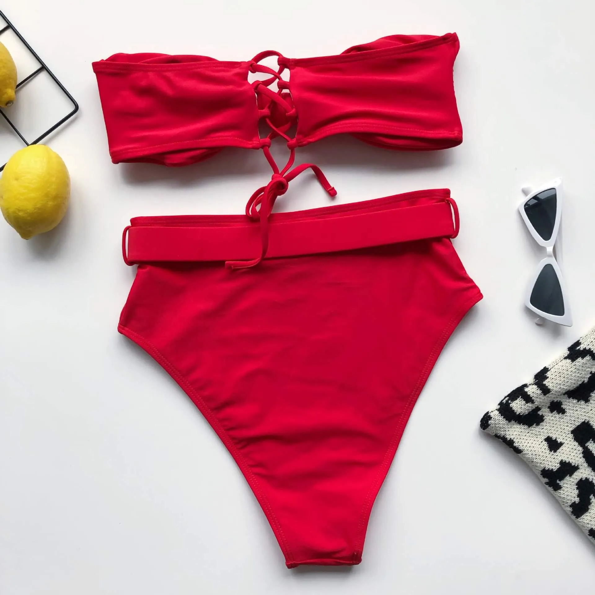 Plain Bandeau High Rise Thong Bottom Tube Bikinis