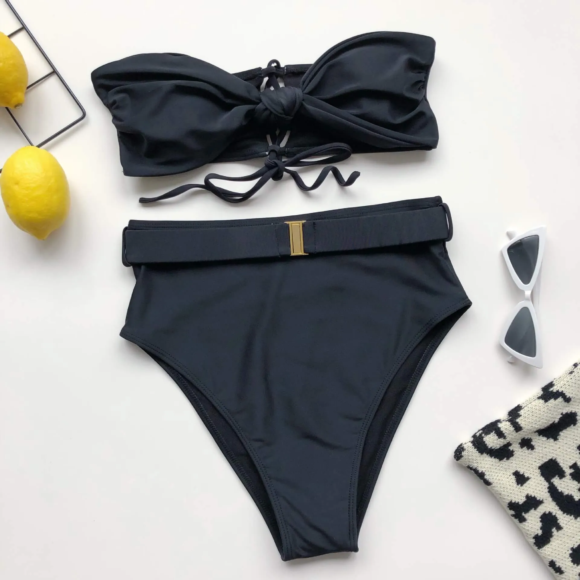 Plain Bandeau High Rise Thong Bottom Tube Bikinis