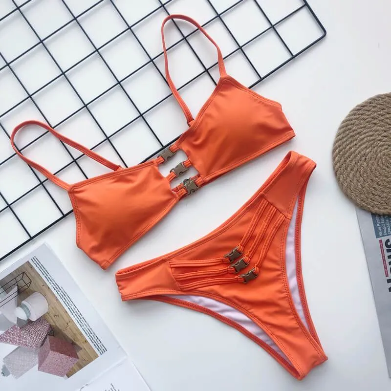 Plain Cutout Mid Rise Padded Top Thong Bottom Bikinis