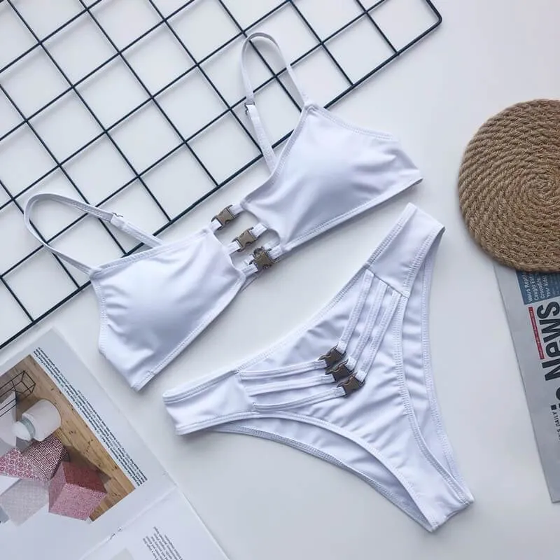 Plain Cutout Mid Rise Padded Top Thong Bottom Bikinis