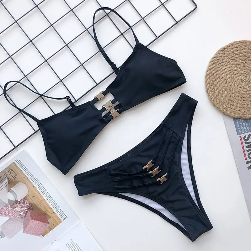 Plain Cutout Mid Rise Padded Top Thong Bottom Bikinis