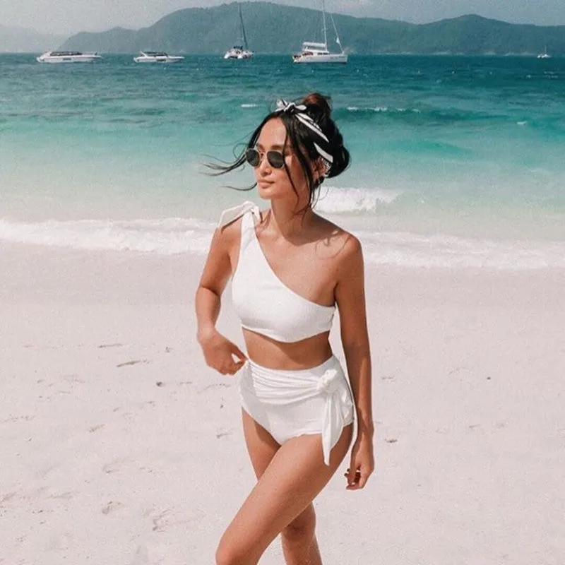 Plain One Shoulder Strappy High Rise Triangle Bikinis